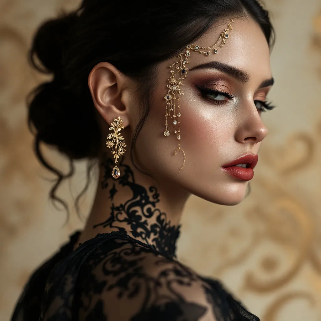 Woman with intricate makeup and jewelry against a patterned background