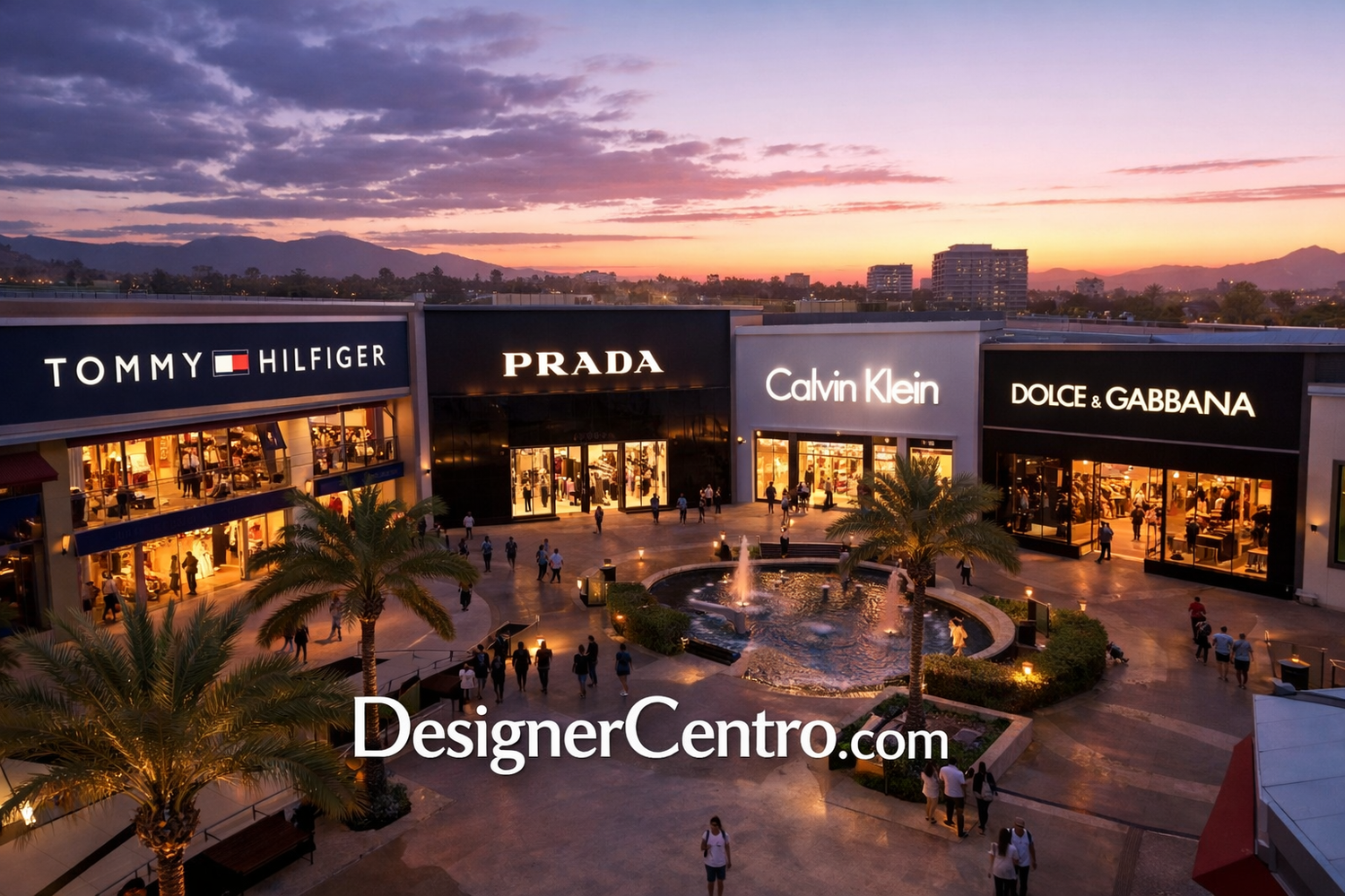Luxury brand stores at DesignerCentro with a sunset sky.