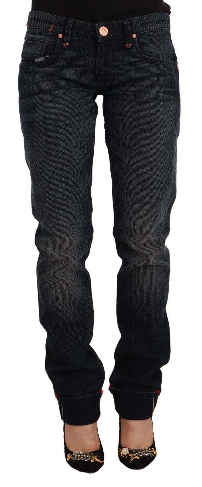 Pair of dark blue denim jeans on a mannequin