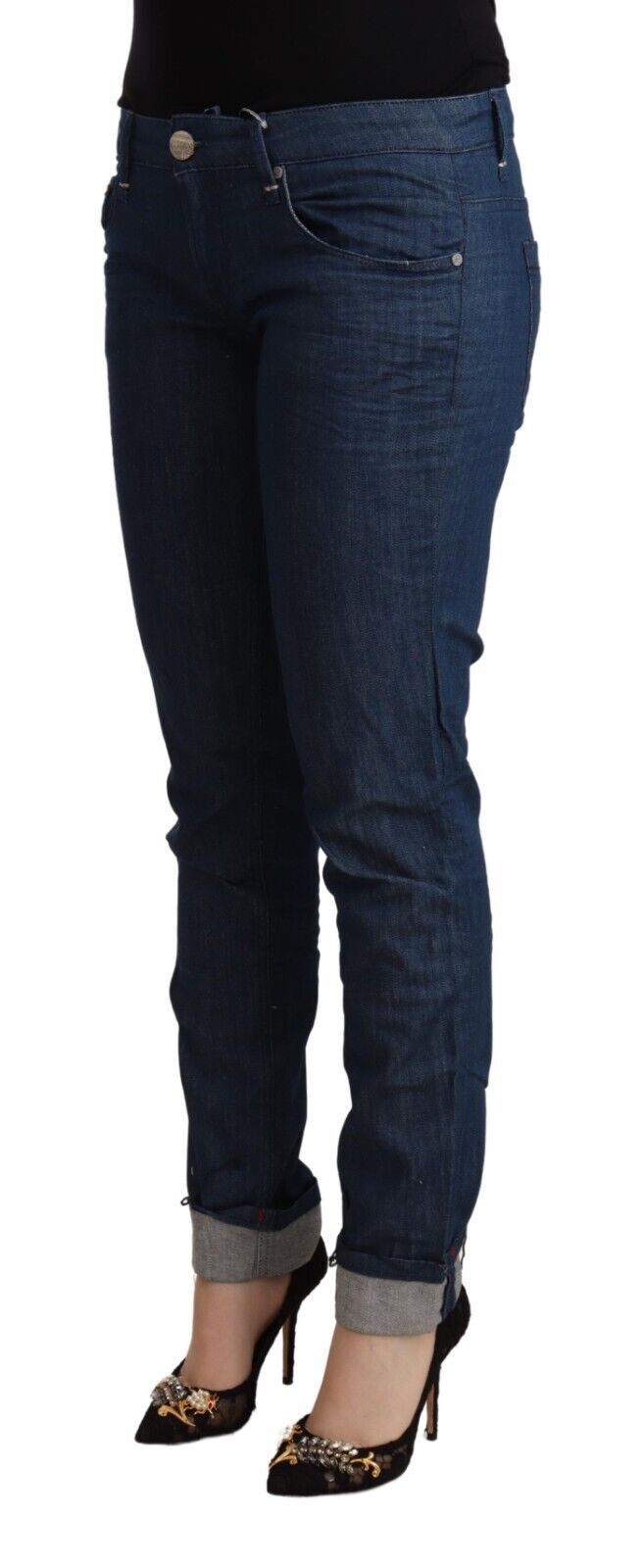 Woman wearing blue jeans and black shoes