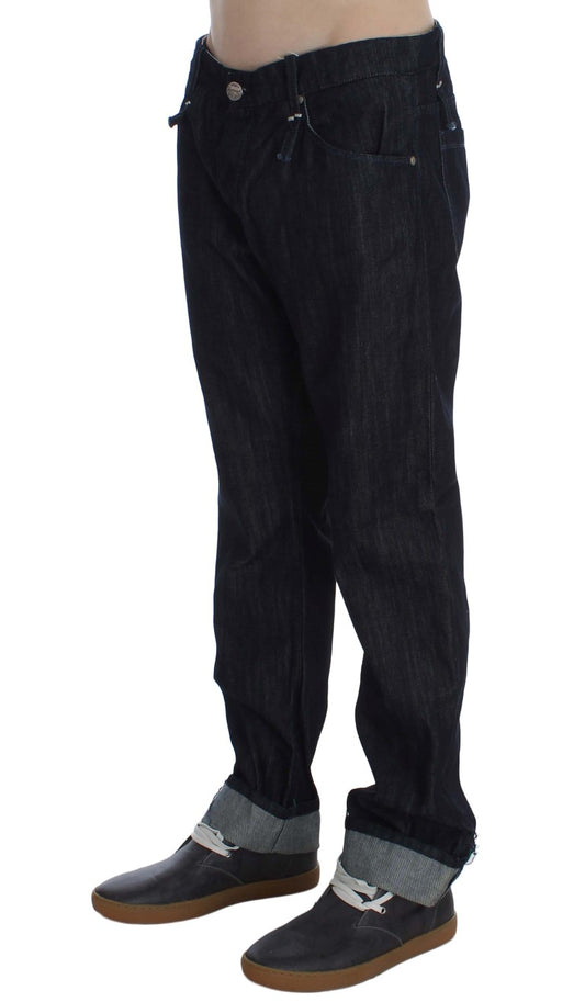 Pair of dark blue jeans with zipper fly
