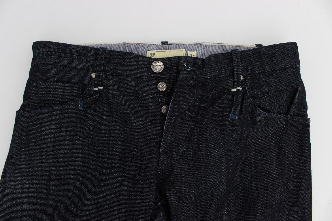 Pair of dark blue denim shorts with buttons on front