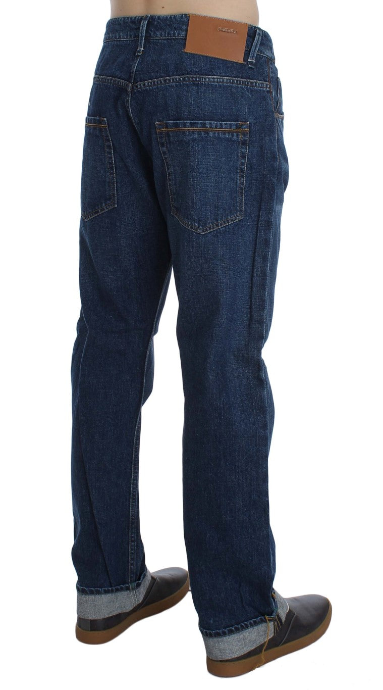 Pair of blue jeans with brown belt loops