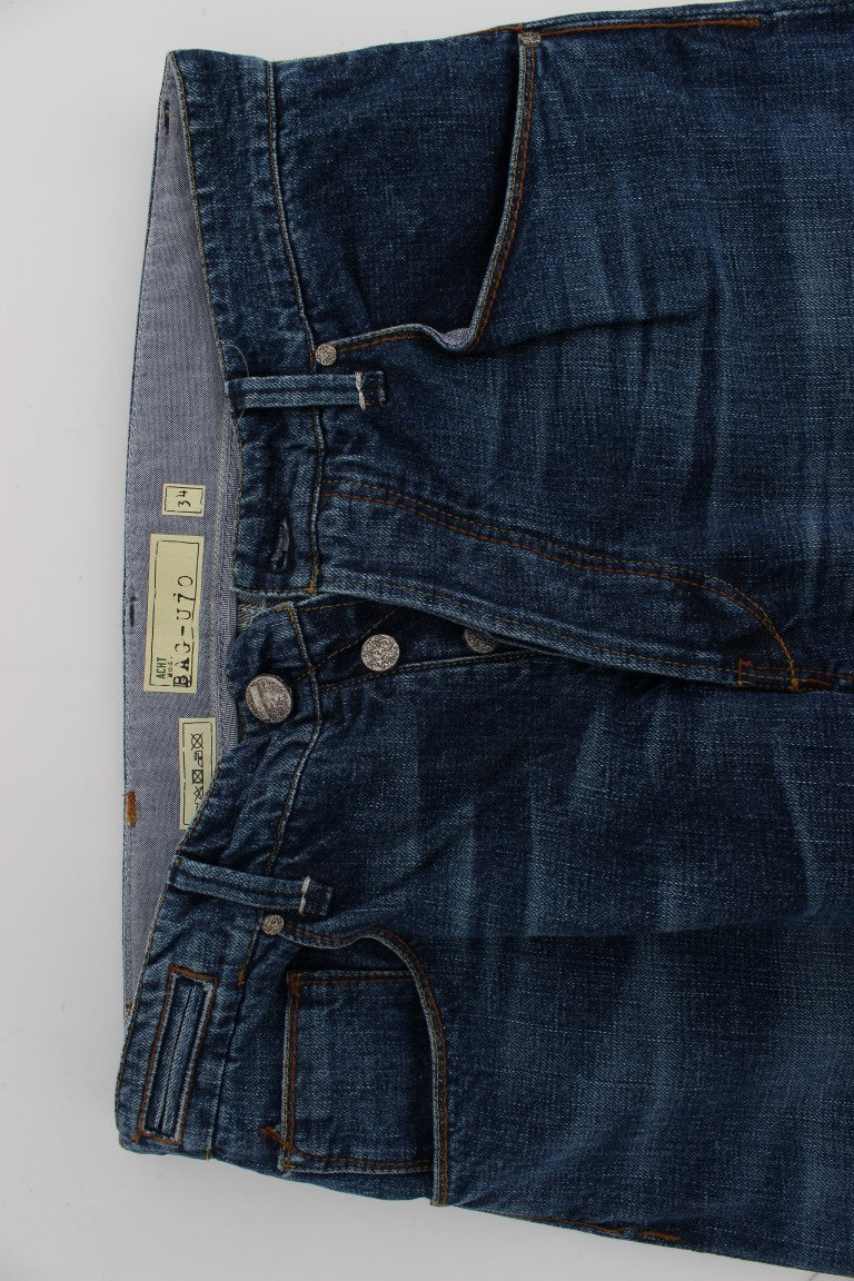 Blue denim jeans on a white background