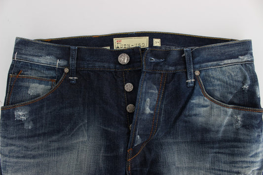 Blue denim jeans with button closure