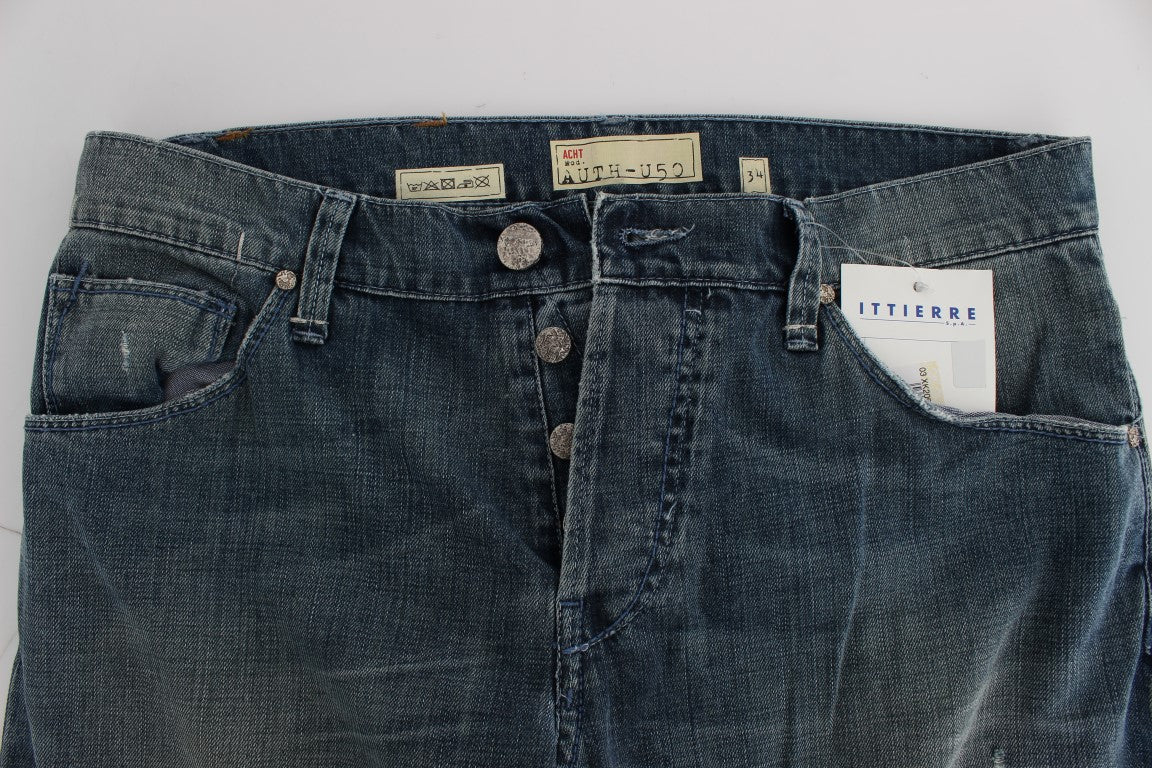 Pair of blue jeans with tags inside waistband