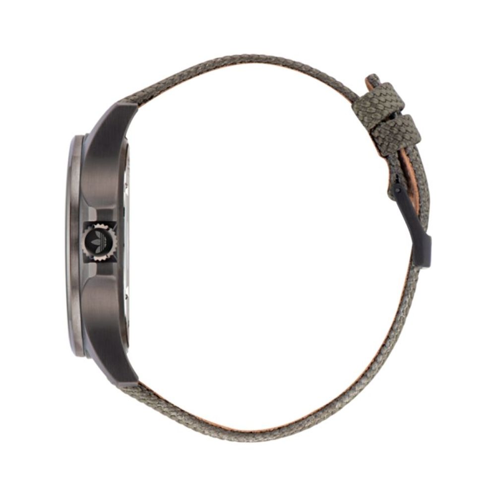 A watch with a brown strap and silver buckle
