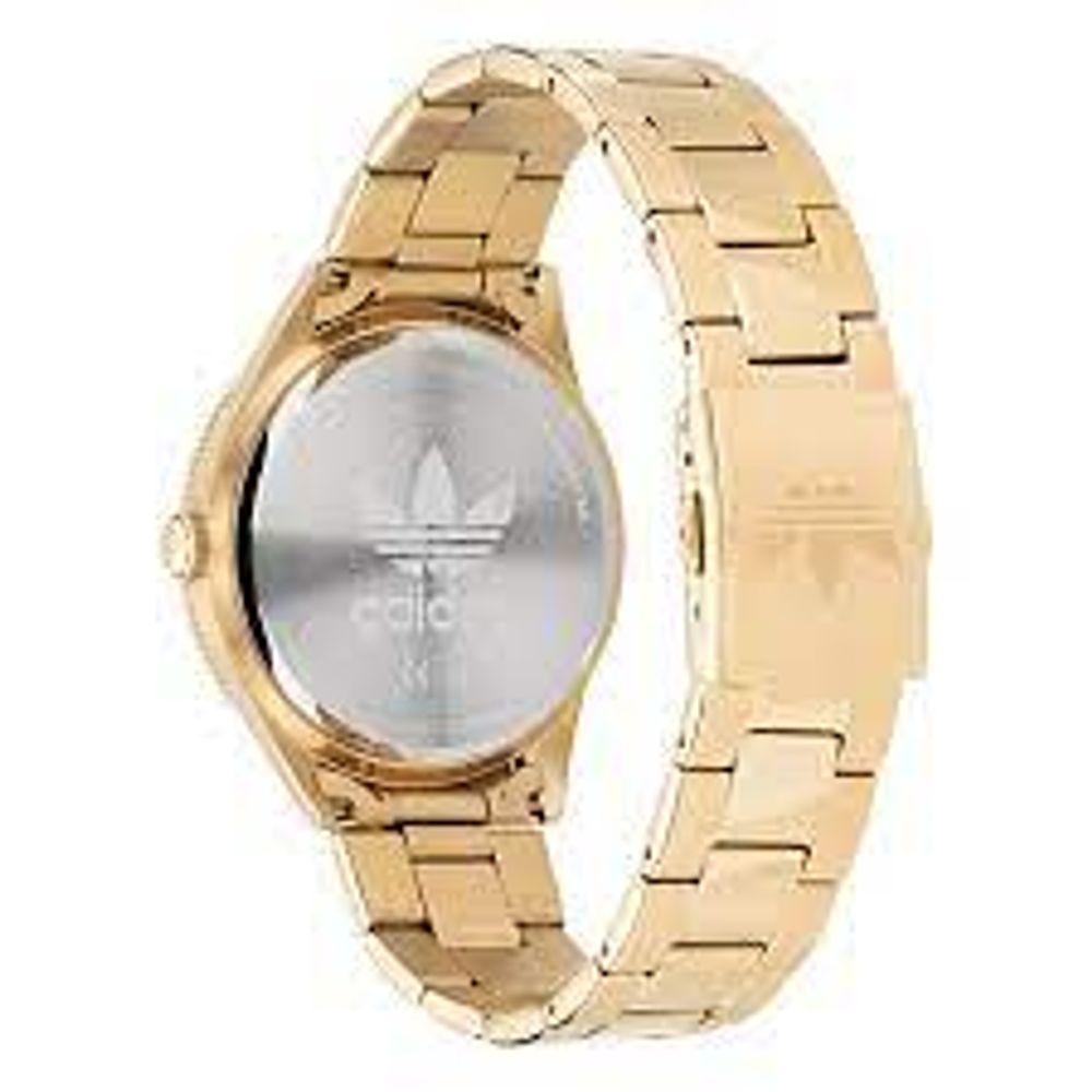 A gold stainless steel watch with a black face featuring the Adidas logo