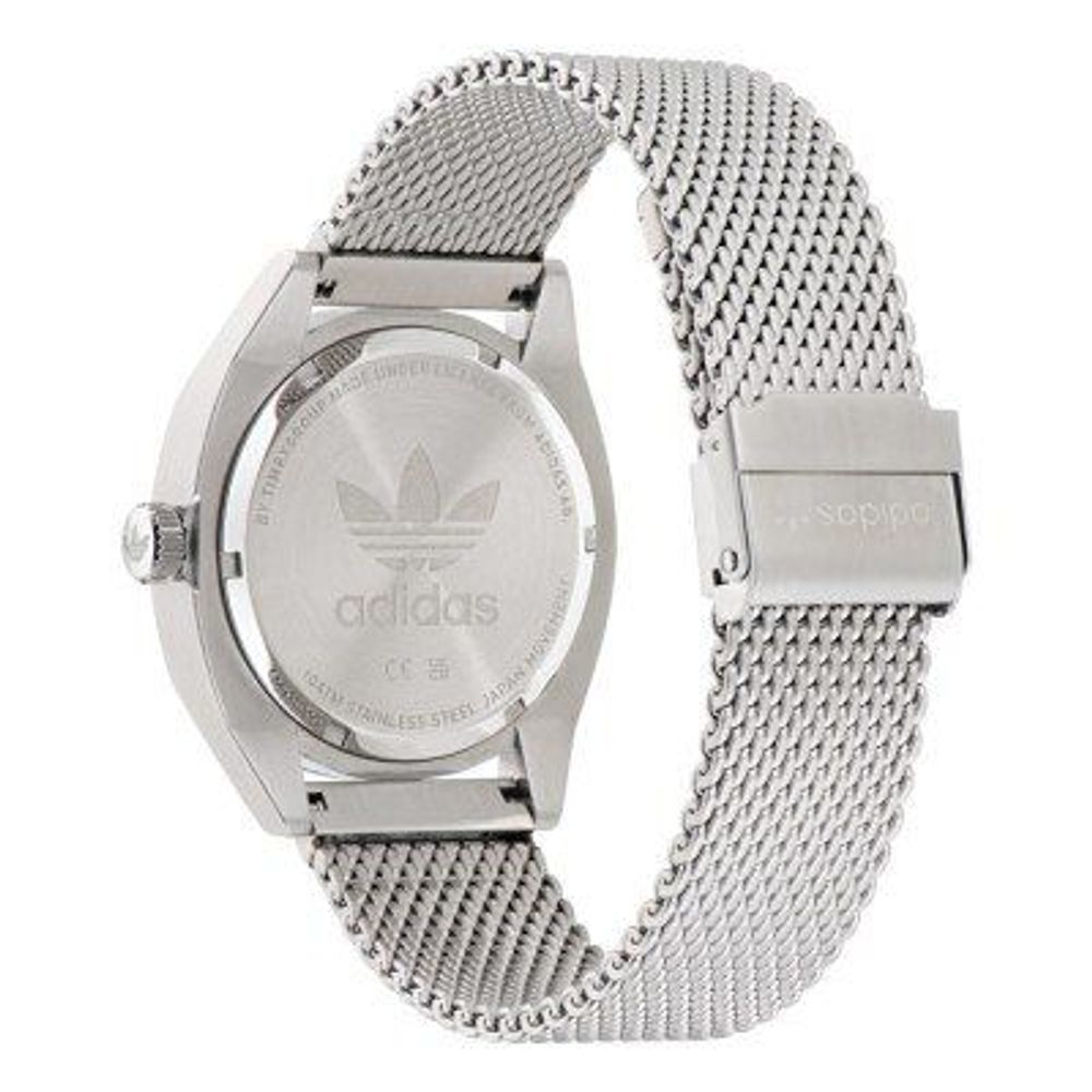 Silver stainless steel watch with gray mesh band featuring Adidas logo on face