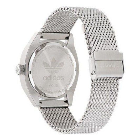 Silver stainless steel watch with gray mesh band featuring Adidas logo on face