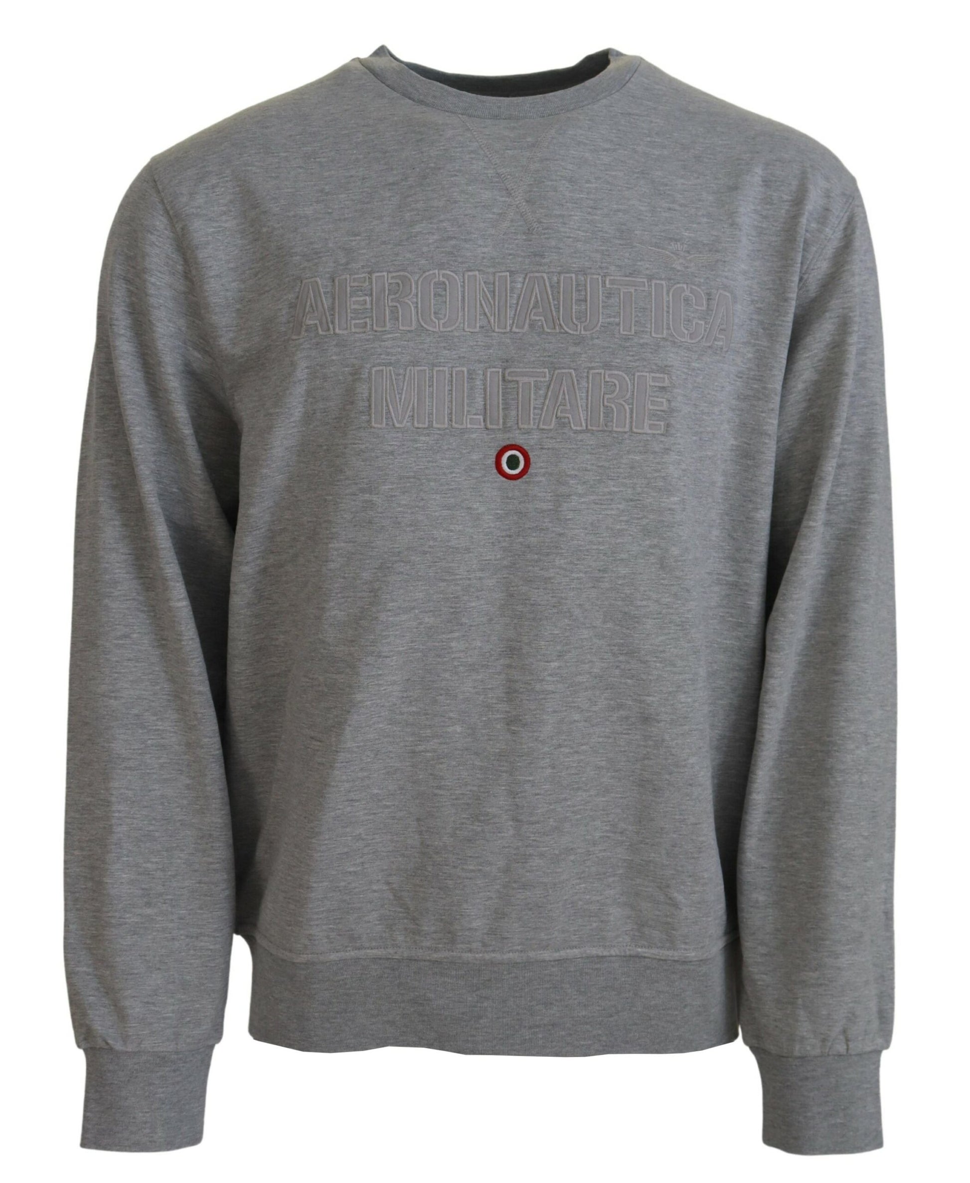 Grey sweatshirt with white lettering and logo on front