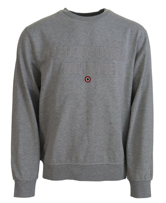 Grey sweatshirt with white lettering and logo on front