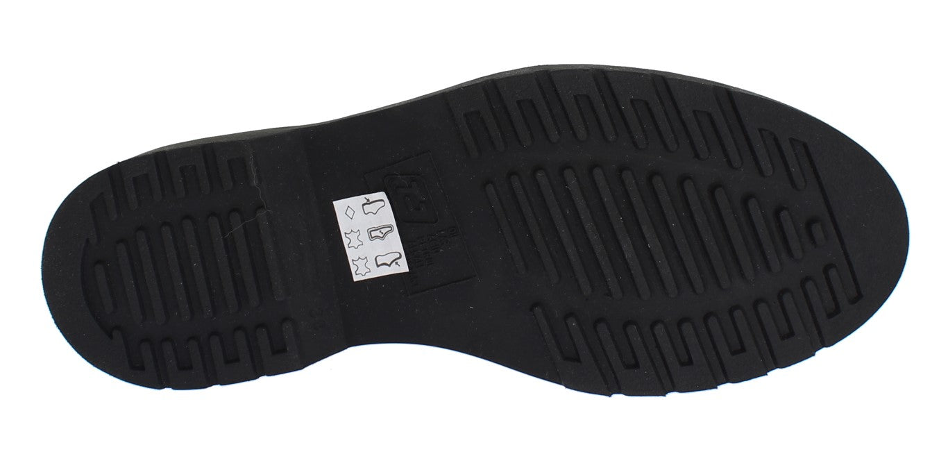 Black shoe with white sole and heel tag