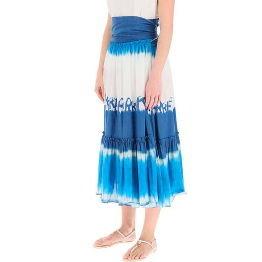 Long blue tie dye skirt with ruffles on hem