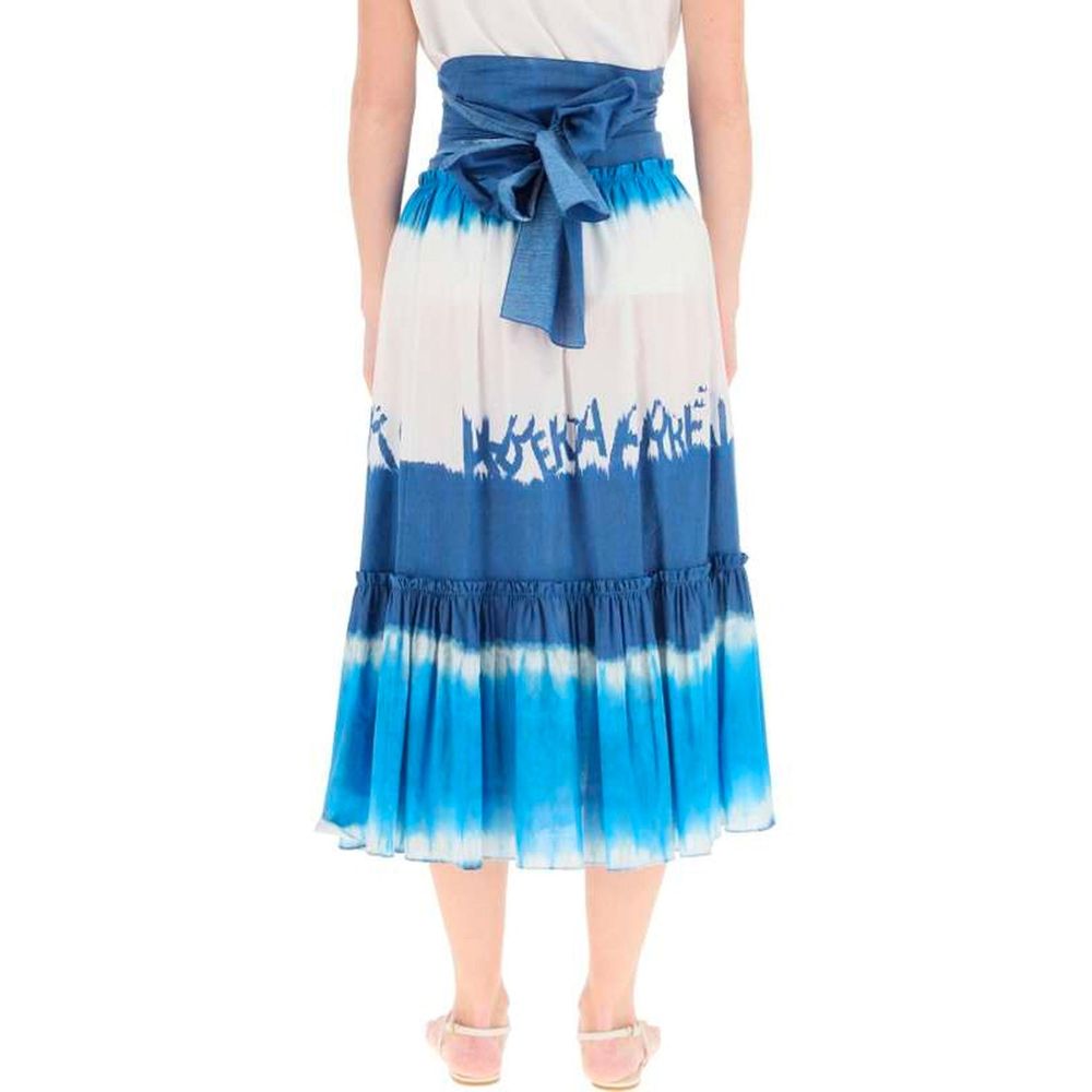 Long blue tie dye dress with ruffles on hem