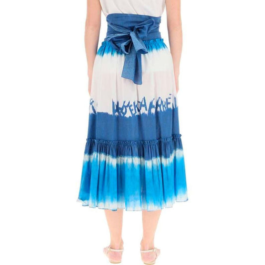Long blue tie dye dress with ruffles on hem