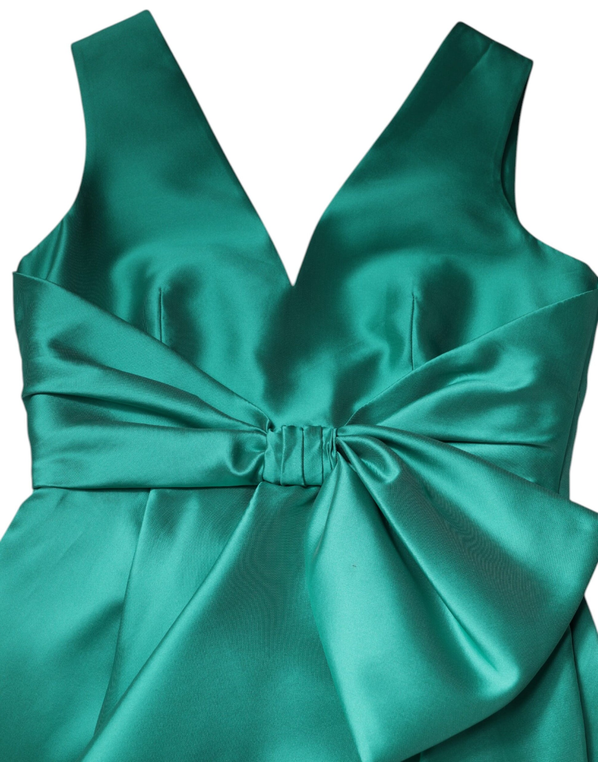 A green satin polyester sleeveless dress with a layered design and a V-neck