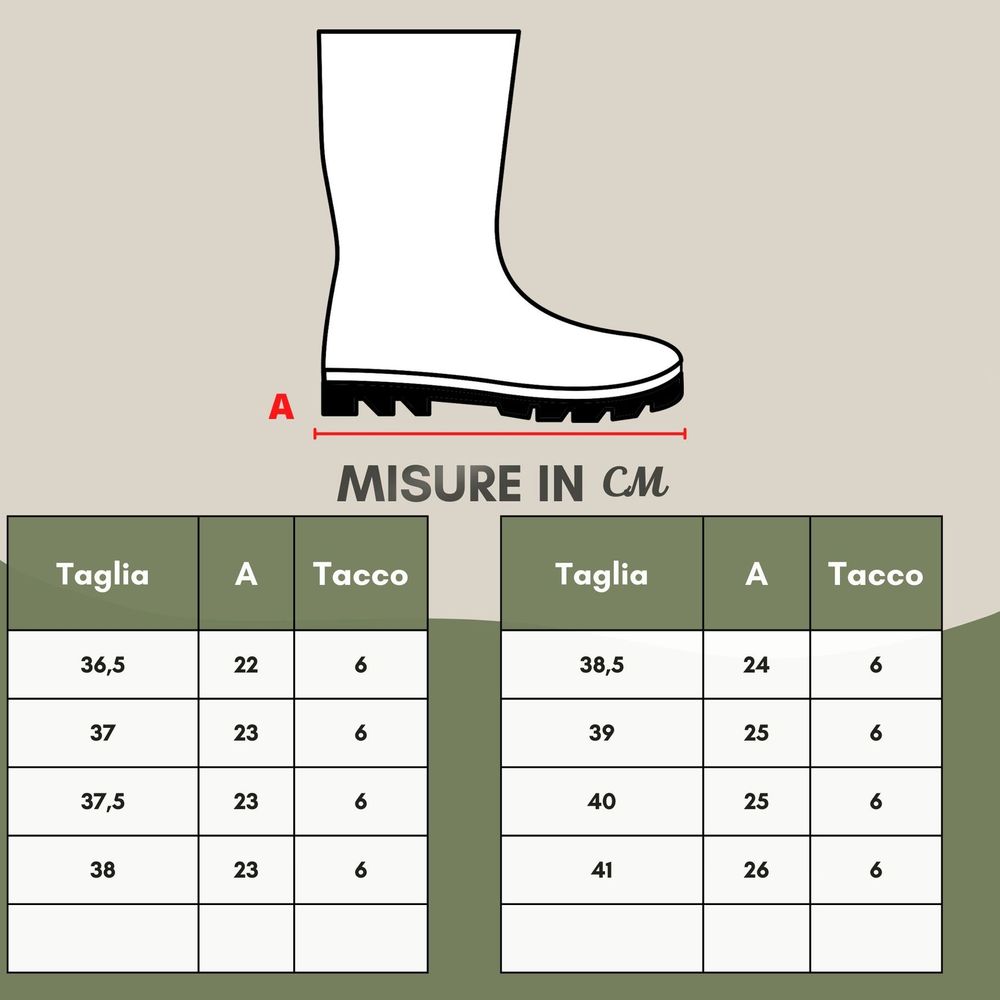 Boot on display with measurement chart and sizes listed