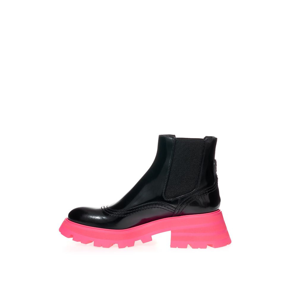 Black and pink boot with chunky heel and platform sole