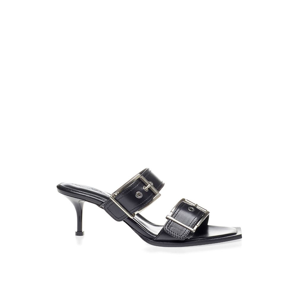Black high heel shoe with strap and buckle detailing