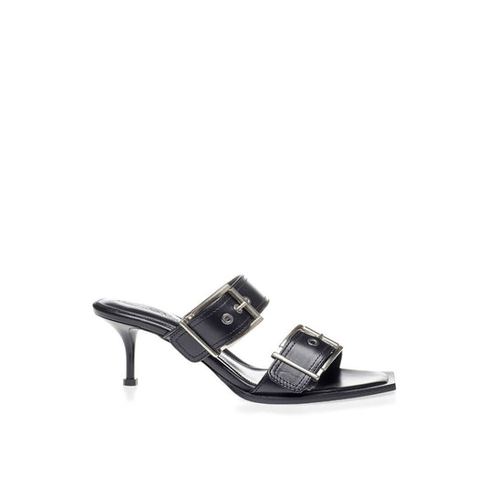 Black high heel shoe with strap and buckle detailing