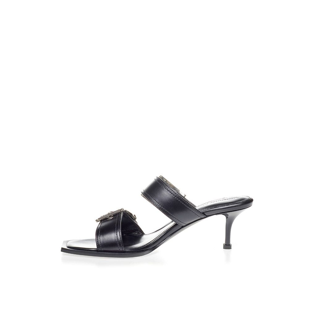 Black high heel sandal with strap over foot and ankle strap