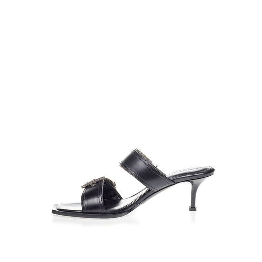 Black high heel sandal with strap over foot and ankle strap