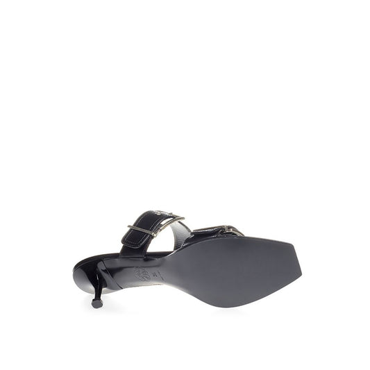 Black high heel shoe with strap over toe