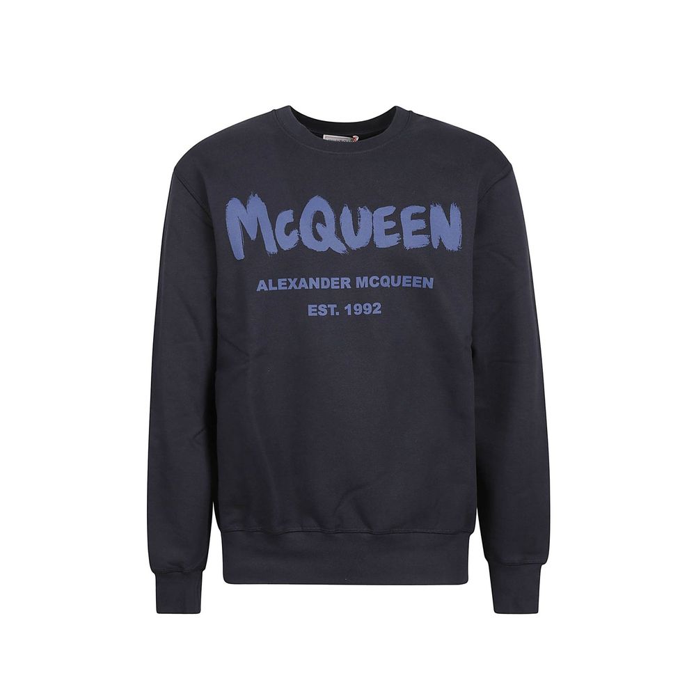Blue sweatshirt with "McQueen" written in blue letters