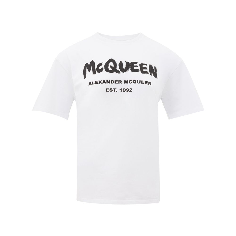 White t-shirt with black print reading "Queen Alexander McQueen Est. 1992"