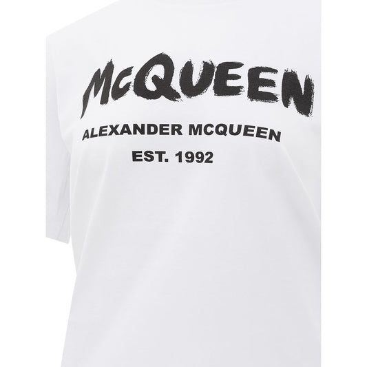 White t-shirt with black text reading "McQueen Alexander McQueen Est. 1992"
