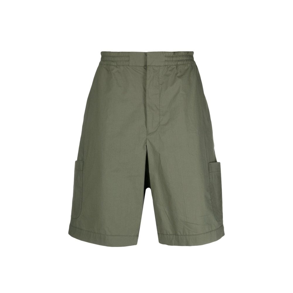 Shorts are olive green, cargo style with pockets on sides