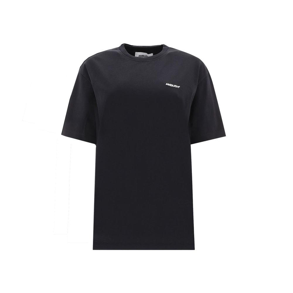 Black short sleeve t-shirt with white logo on front