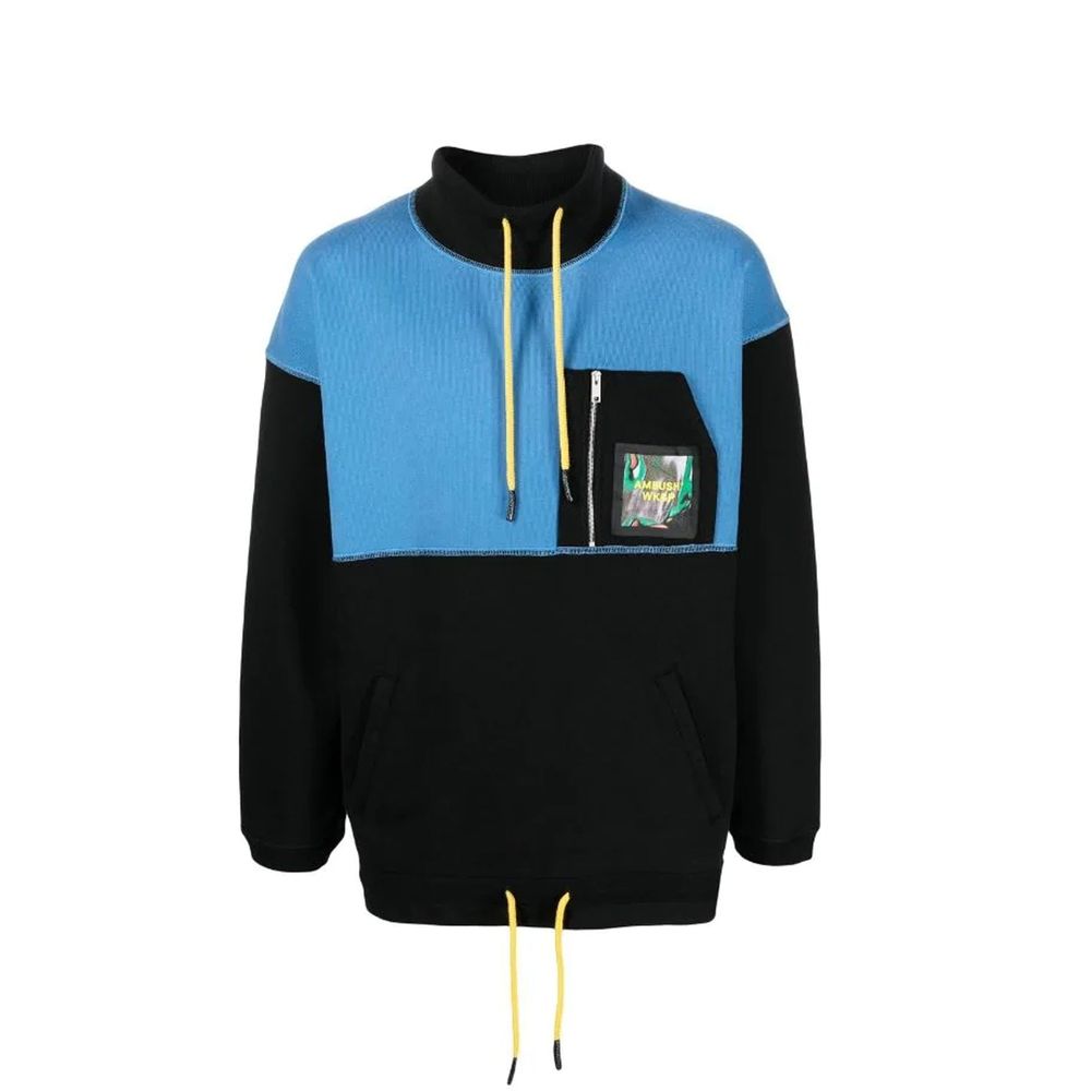 Blue and black hoodie with yellow zipper