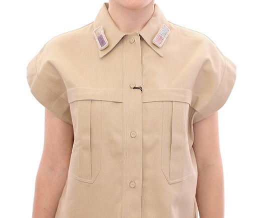 Tan short sleeve shirt with buttons and pockets