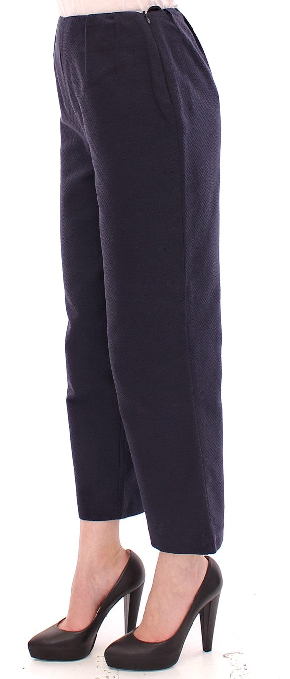 Pair of dark blue trousers with a patterned texture