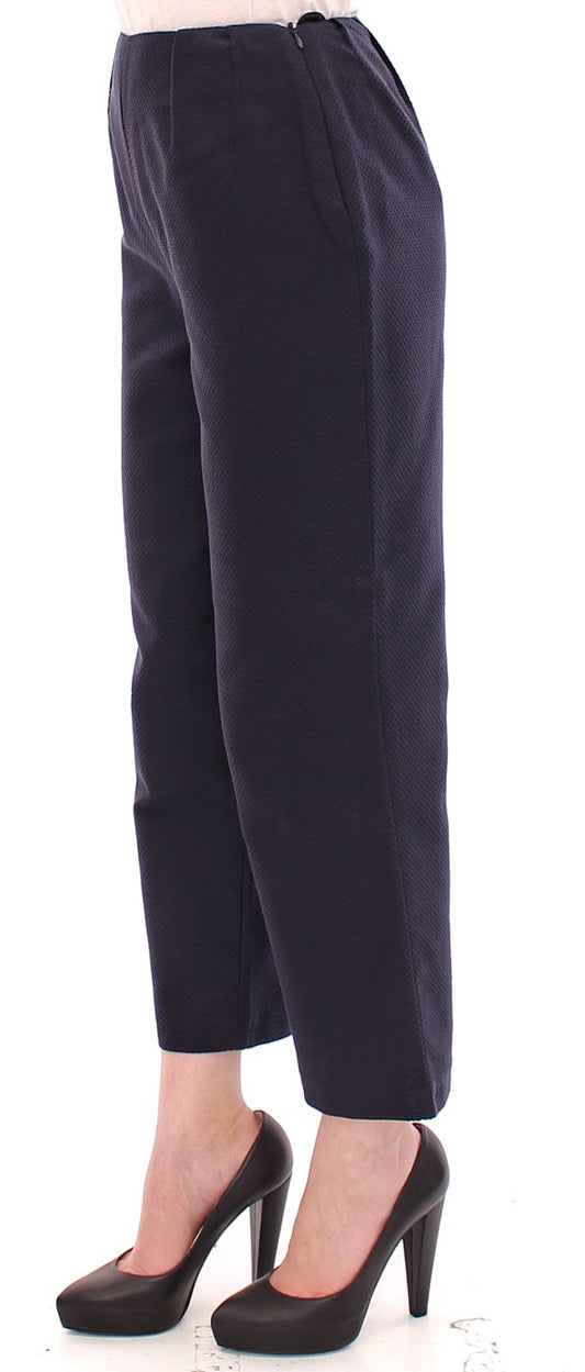Pair of dark blue trousers with a patterned texture