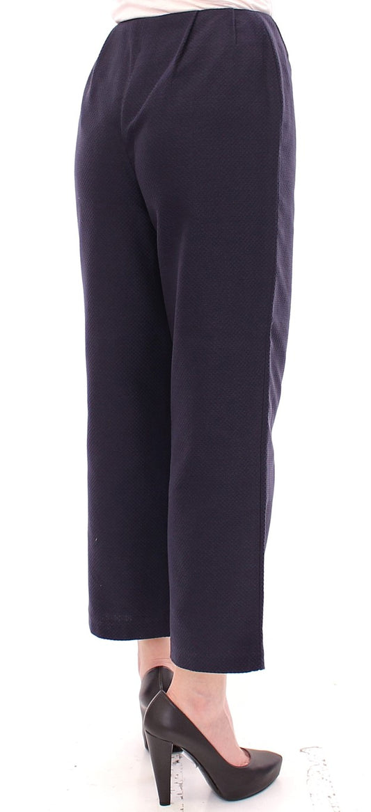 Pair of dark blue trousers with a patterned texture