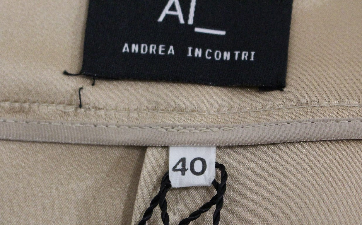 Tan pants with black label