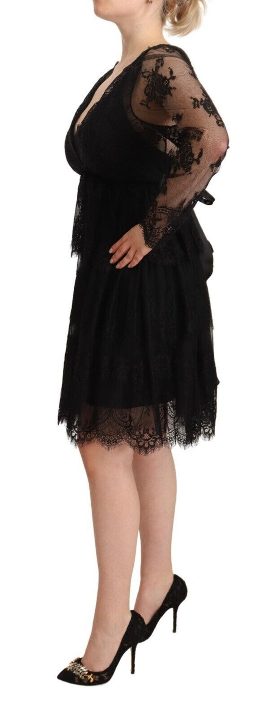 A black floral lace cotton long sleeve shift dress