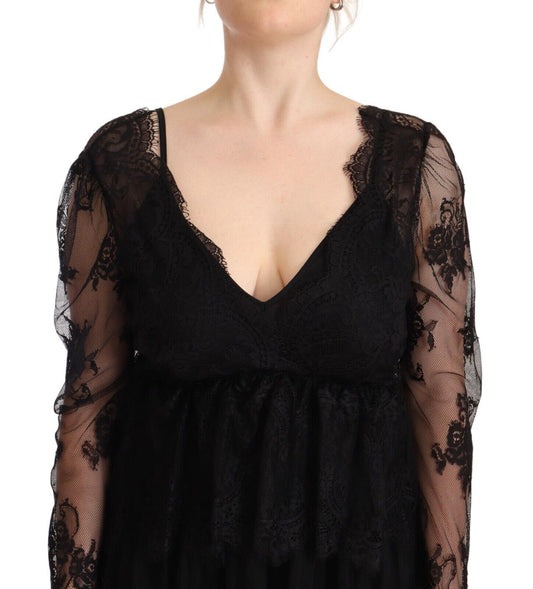 A black lace dress with long sleeves and a V-neck