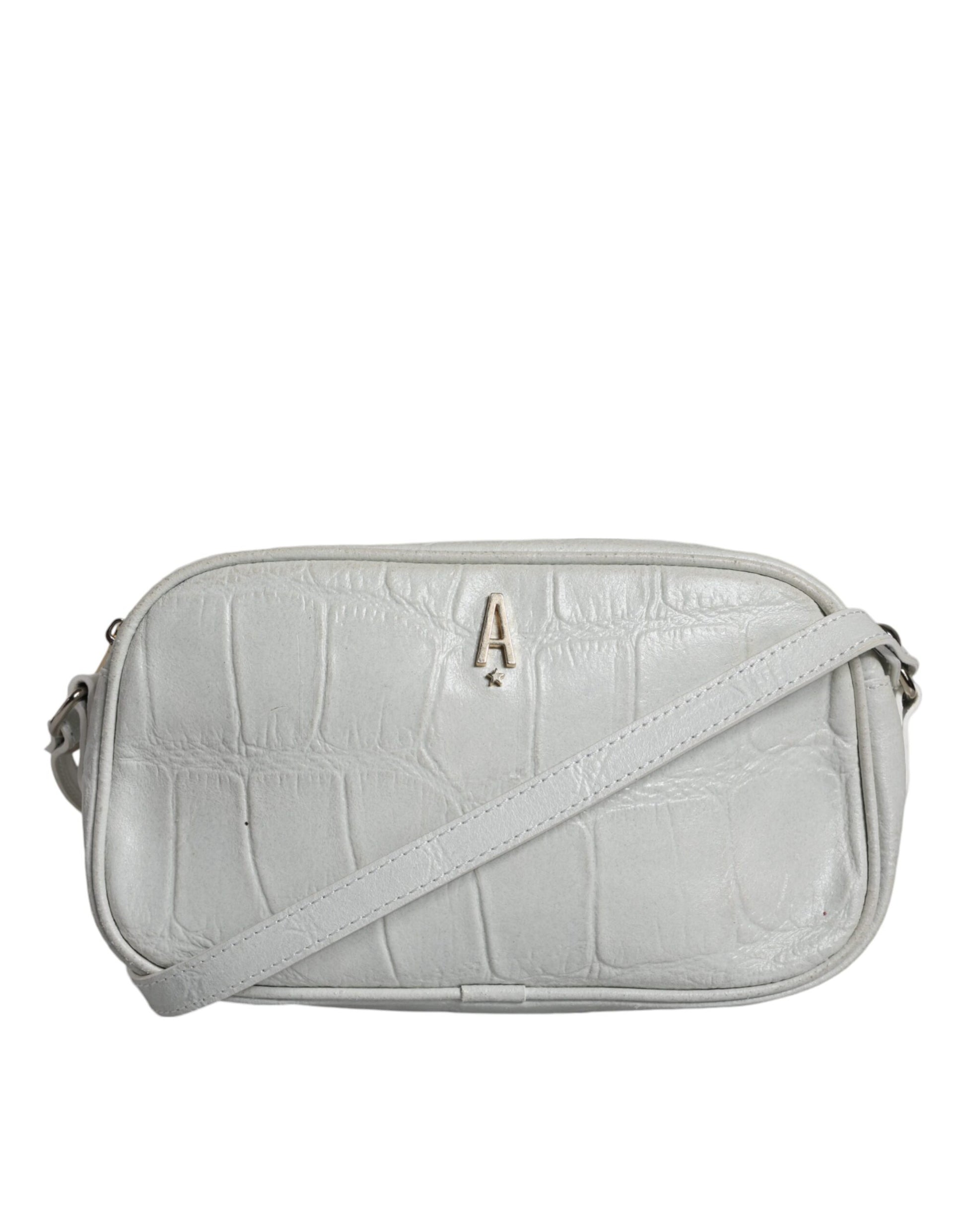 Grey leather crossbody bag with silver hardware