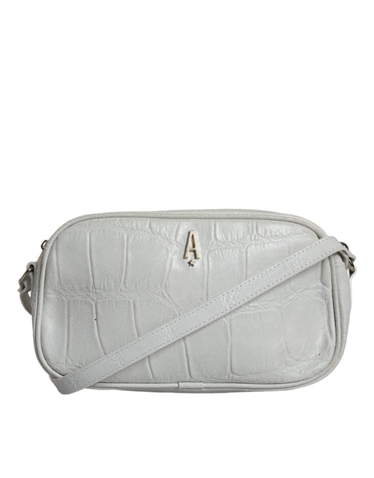 Grey leather crossbody bag with silver hardware