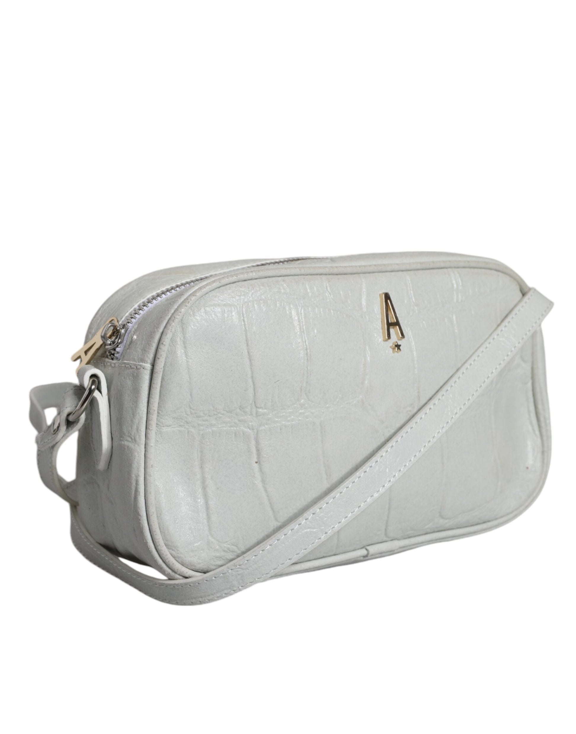 Small gray leather crossbody bag with a strap