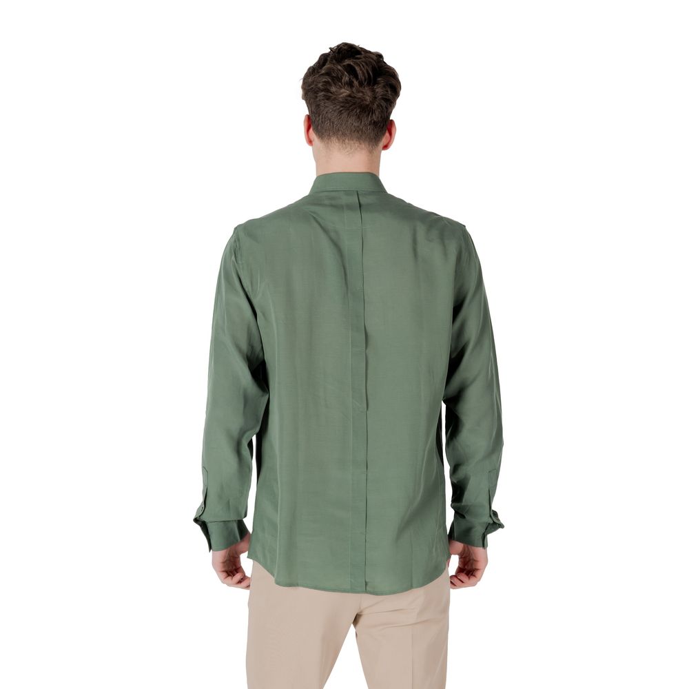 A green dress shirt with a collar, long sleeves, and buttoned front