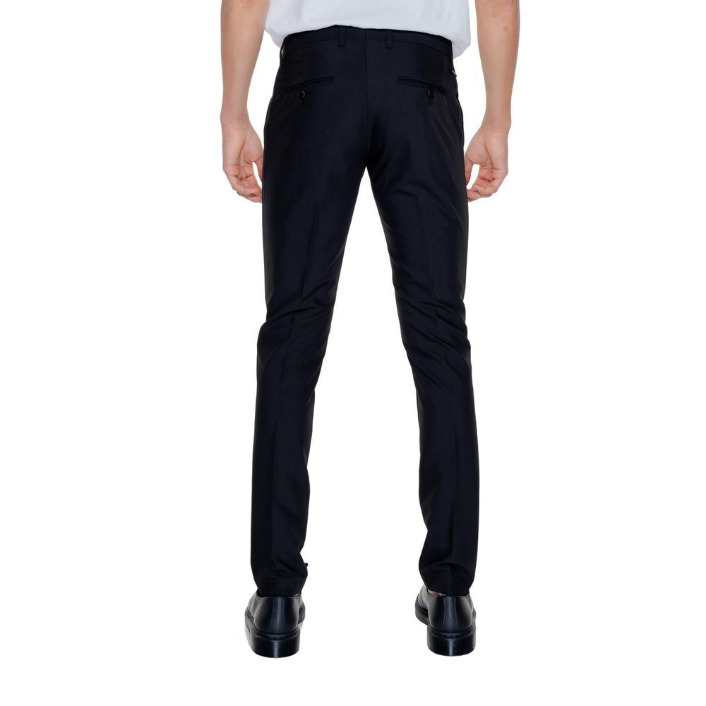 A pair of black polyester dress pants with a slim fit, designed by Antony Morato
