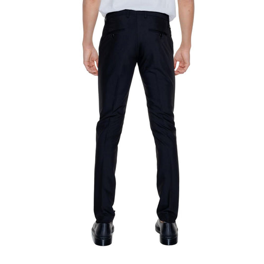 A pair of black polyester dress pants with a slim fit, designed by Antony Morato