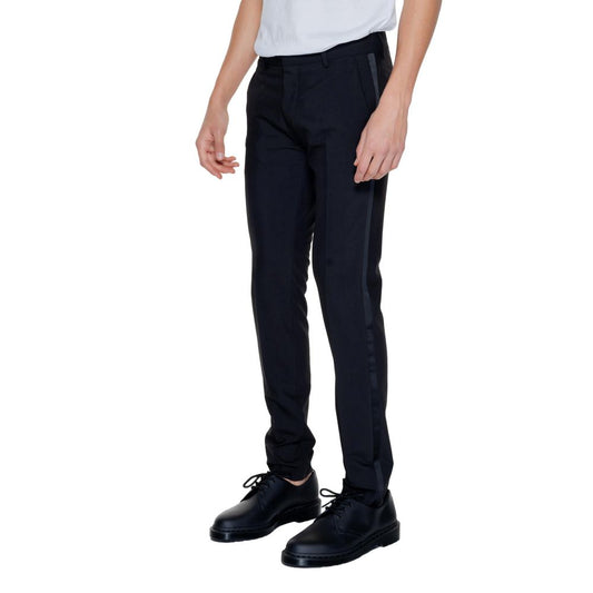 A pair of black dress pants with a slim fit, made from polyester fabric. They are designed to be worn by men