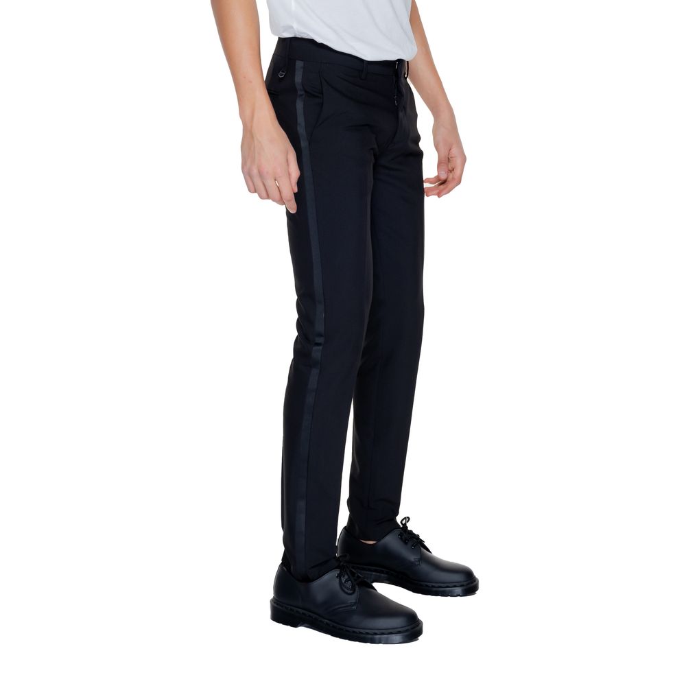 A pair of black polyester dress pants with a slim fit, featuring a zipper fly and belt loops