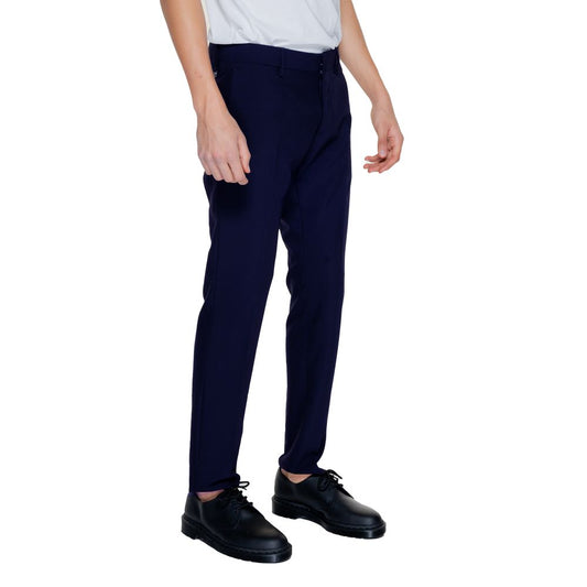 A pair of blue dress pants with a slim fit, made from polyester fabric